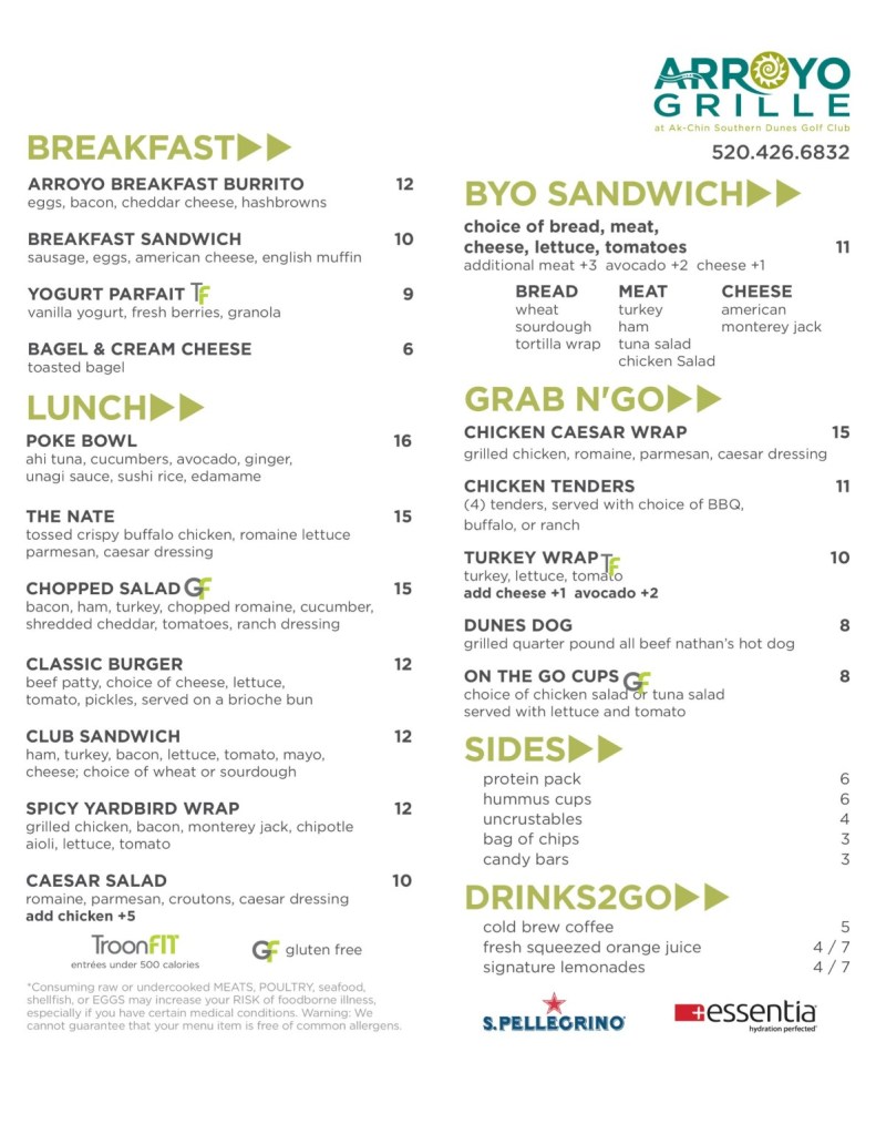 Temporary Arroyo Grille menu